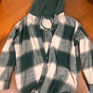 American Eagle Green and White Plaid Hoodie